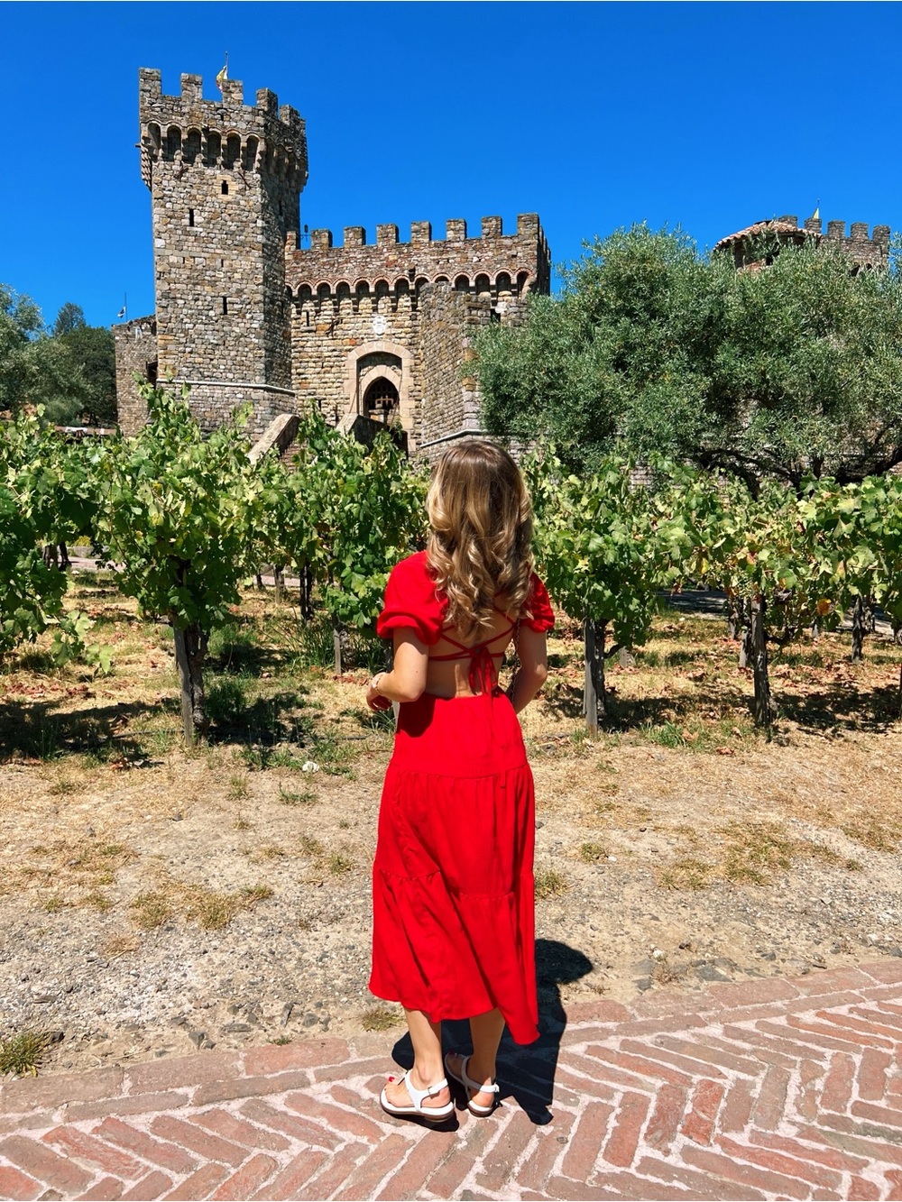Red Puff-Sleeve Maxi Dress with Tie-Back -US 4